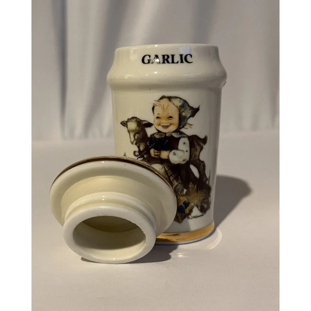 Vintage M.J. Hummel Onion & Garlic Porcelain Spice Jars Gold Trim Set of 2